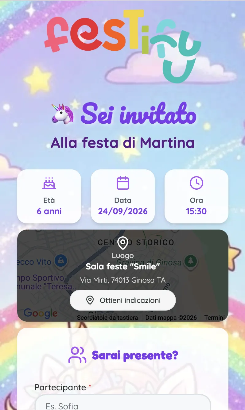 Template Invito tema Unicorni